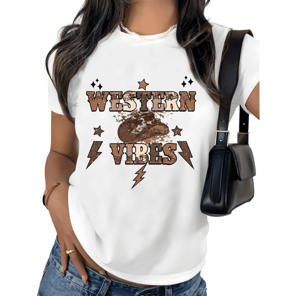 White Print T shirt Graphic Tees Shirts Western Vibes Cowboy Rustic Fashion Size S-5XL Tops