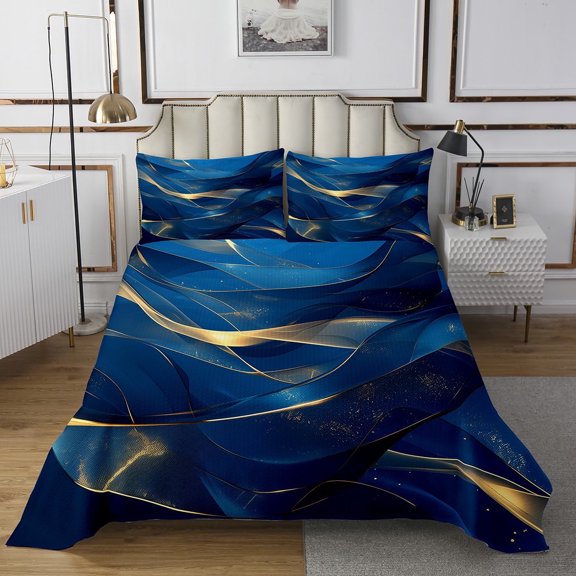 Navy Blue and Gold Quilt Set King Size,Abstract Marble Aesthetic Bedding Set Adults Room Decor,Watercolor Abstract Art Bedspread Set Modern Style Quilts Bed Set 3Pcs