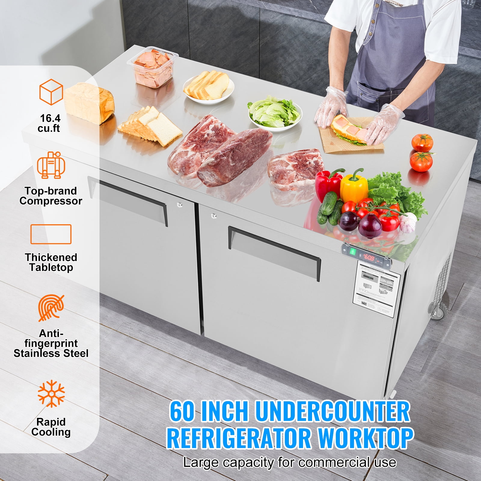 KFFKFF 60" Professional Fridge for Sandwich & Salad Preparation, 16.4 Cu. Ft Stainless Steel Chilled Food Preparation Area with Dual Doors, Defrosting Refrigerator with Lock for Eatery, Pub, Shop
