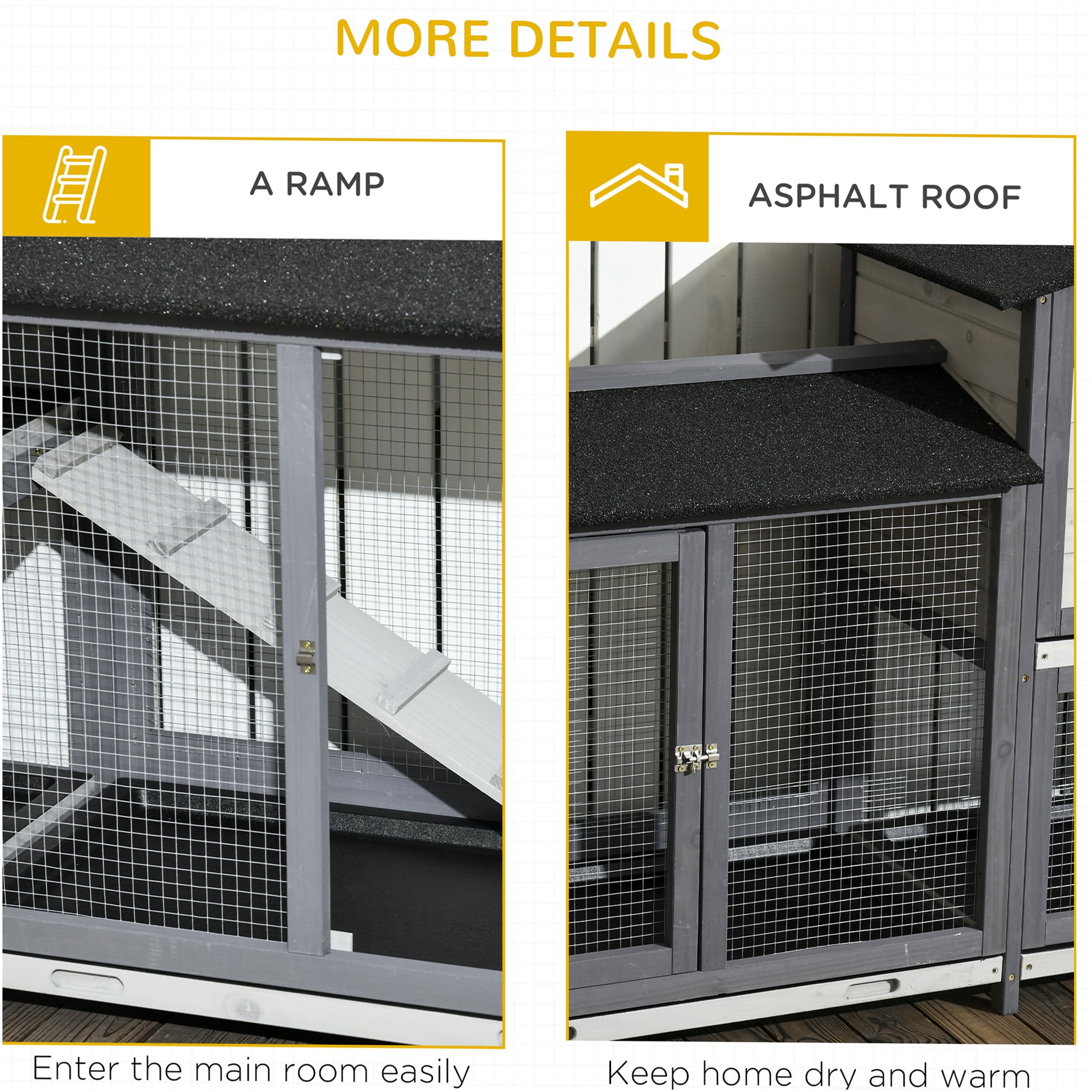 JERFIT 90.5 Inch Large Outdoor Rabbit Hutch with 2 Run Boxes, Leak-Proof Tray & Ramp, Wooden Guinea Pig Cage, Small Animal Playpen Enclosure House, Gray