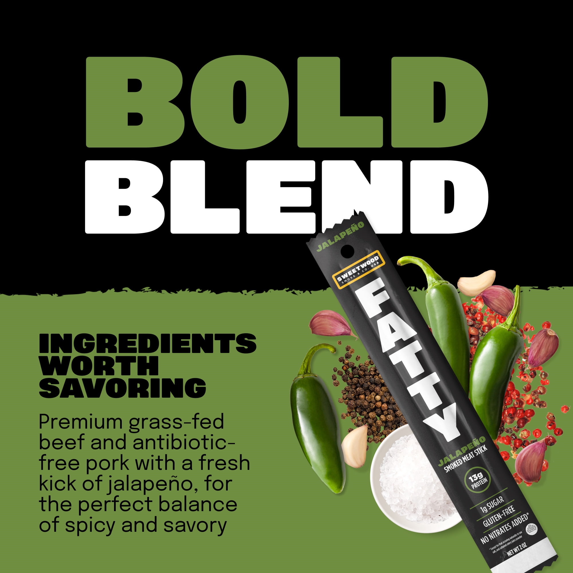 FATTY Meat Sticks, Grass-Fed Beef, High Protein Snack, Camping, Sports, Road Trip, Low Carb, Gluten Free, MSG Free, Nitrate Free, Jalapeno Flavor, 2 oz.