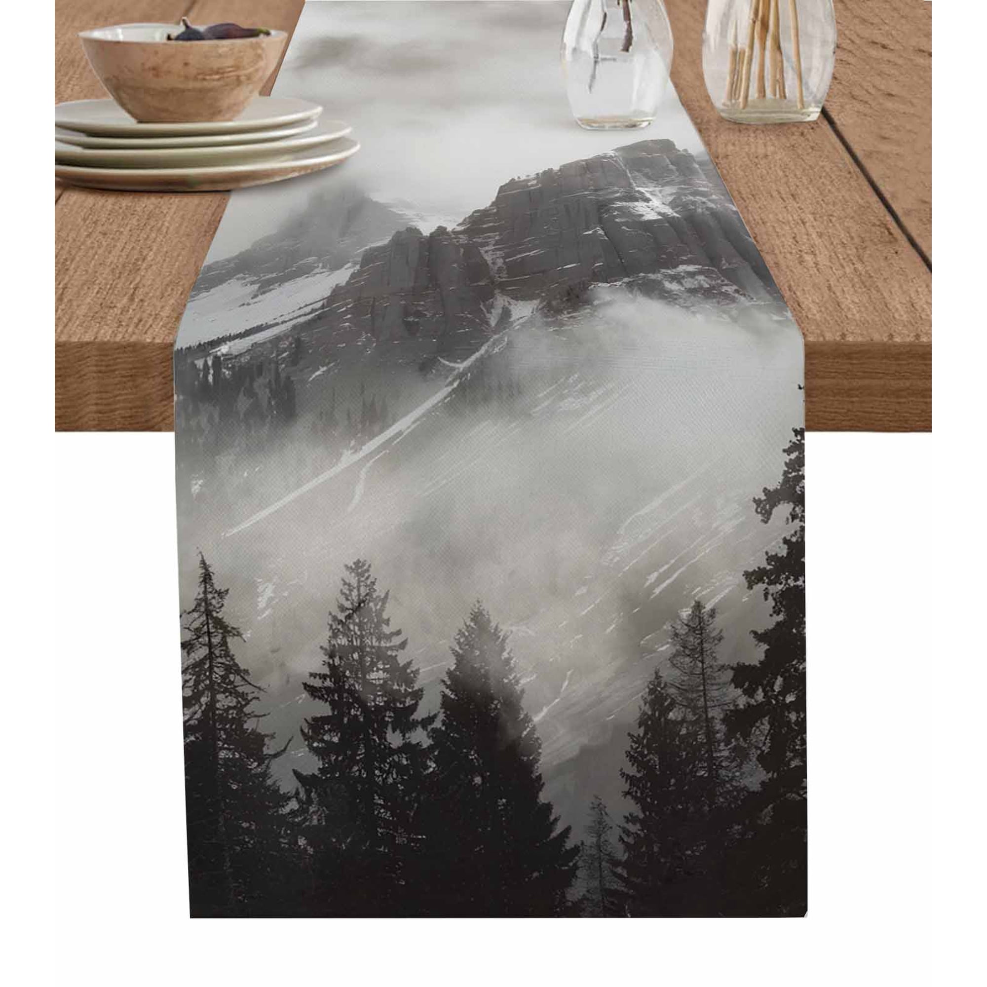 Boanket Mountains Forest Table Runner - 72 Inch Long Kitchen Dining Table Runner Dresser Scarves Modern Nature Fog Landscape Farmhouse Decor for Coffee Tables Wedding Party Banquet