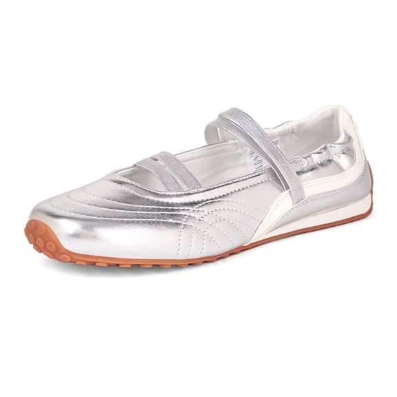 LUCKY STEP Ballet Flats Mary Jane Fashion Sneakers Elastic Strap Dressy Casual Shoes,Silver,Womens