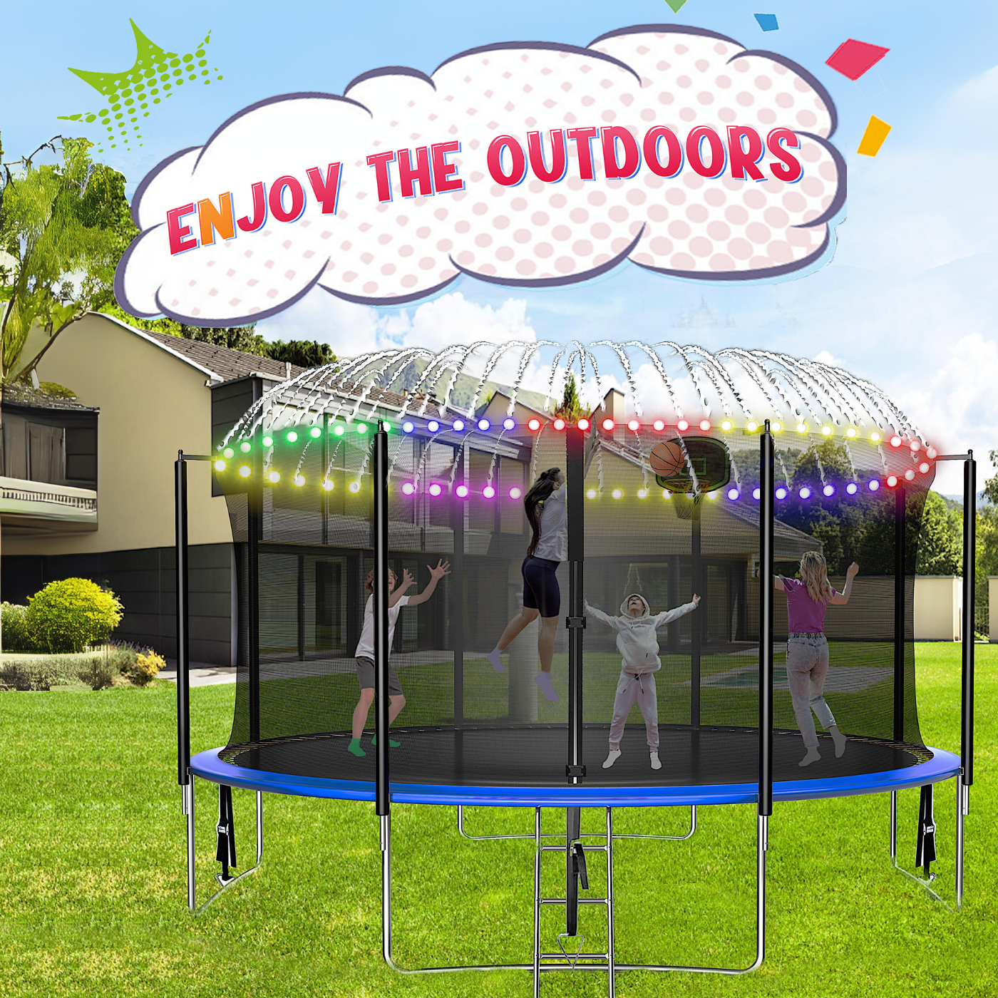 Fiziti Trampoline with Basketball Hoop & Enclosure, 2000lbs 12FT 14FT 16FT Trampoline for 6-8 Kids and Adults, Outdoor Backyard Trampoline with Light,Hose