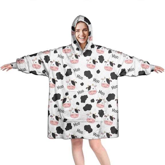 Wearable Oversized Blanket,White Cow Moo Spot Pattern Wearable Blanket Hoodie for Adults,Cozy Hooded Blankets with Super Pockets,Super Warm Fuzzy Pullover for Women & Men