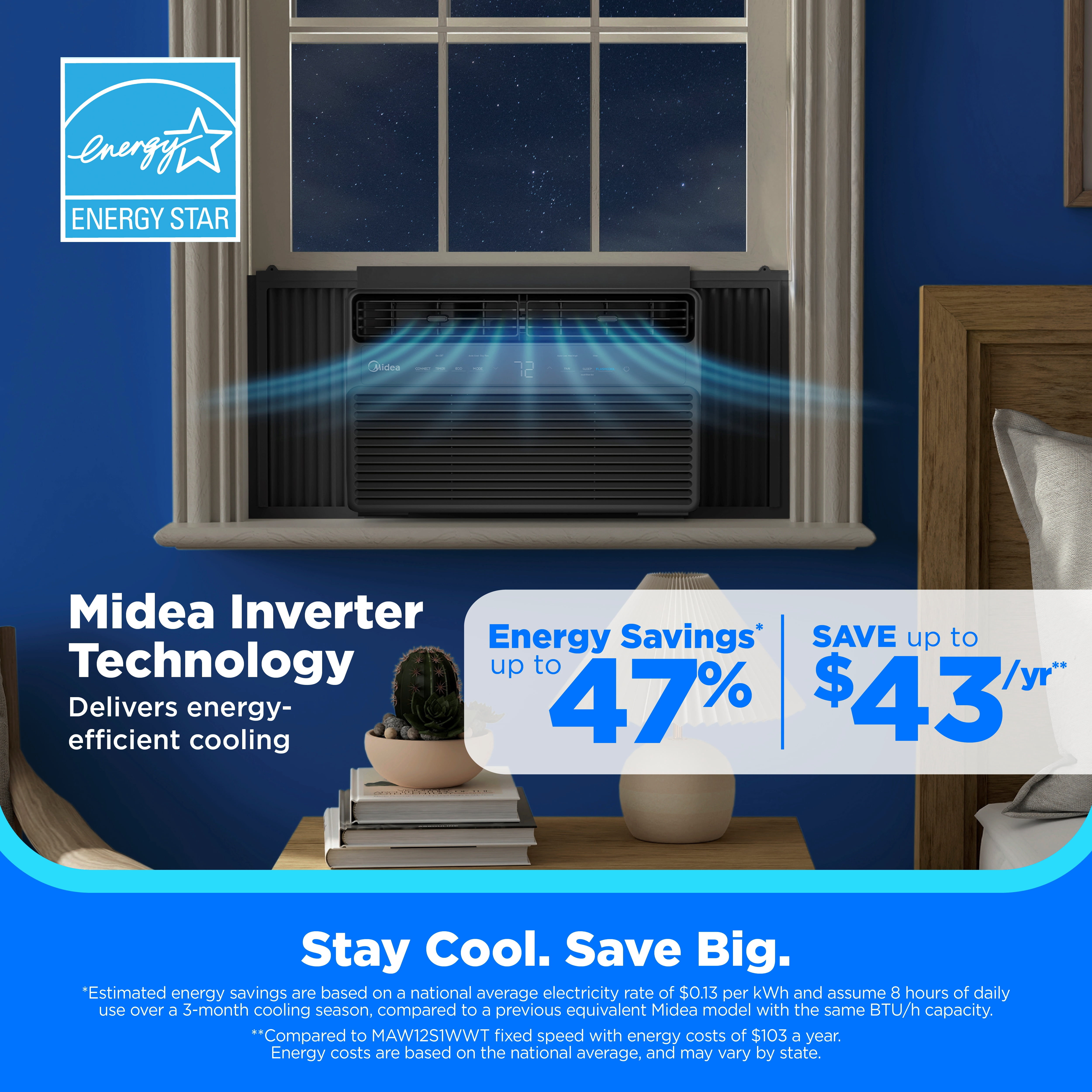 Midea 12,000 BTU Smart Inverter Window Air Conditioner, Cools Up to 550 Sq Ft, Wi‑Fi, Alexa & Google Assistant, Energy Star, Quiet AC, Remote, Black