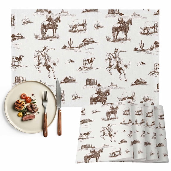 Western Farmhouse Placemats Set of 4, Cowboy Horse Desert Table Mats Washable Heat-Resistant Non-Slip Place Mats for Kitchen Dinner Table Indoor Outdoor Decor,13x19 Inch Brown White