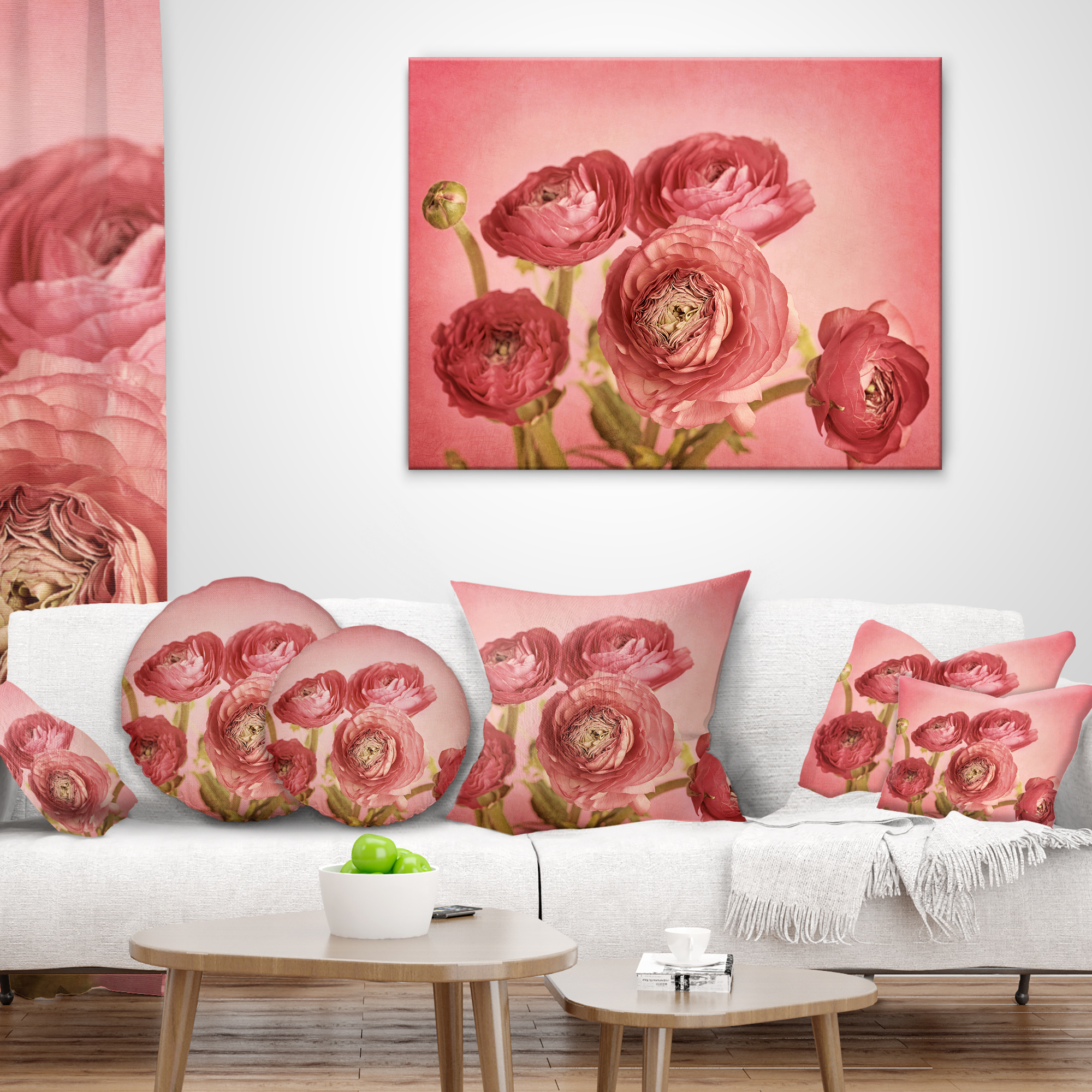 Designart Bunch of Ranunculus Flowers on Pink - Floral Throw Pillow - 18x18
