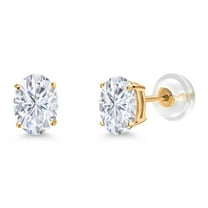 Gem Stone King 14K Yellow Gold White Moissanite Stud Basket Setting Earrings for Women Men (1.80 Cttw, Gemstone Birthstone, Oval 7X5MM)