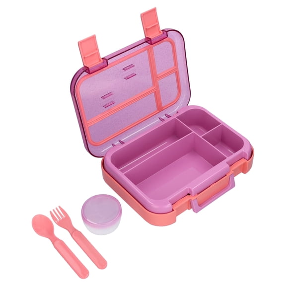 Mainstays Kids 4-Compartment Plastic Bento Box with Removable Tray, Fork, Spoon, and Dressing Container, Pink Glitter