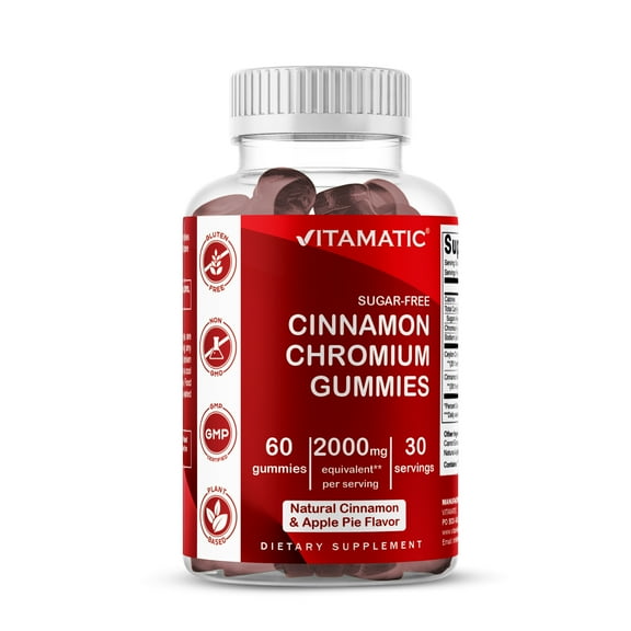 Vitamatic Sugar Free Chromium Gummies with Ceylon Cinnamon - 2000 mg per Serving | 60 Vegan Gummies