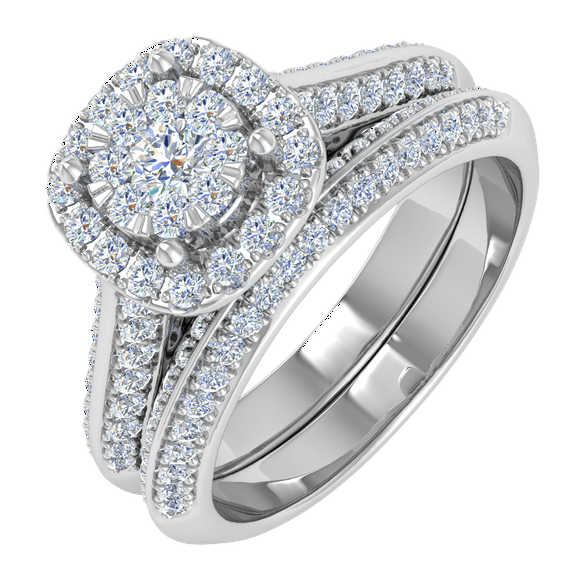 3/4 Carat Halo Diamond Bridal Ring Set in 14K White Gold - IGI Certified (Ring Size 4.5) (I1-I2 Clarity)