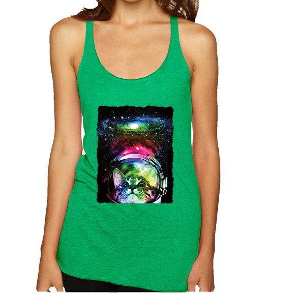 Wild Bobby, Trippy Neon Space Astronaut Lunar Cat | Womens Cat Lover Premium Tri-Blend Racerback Tank Top, Envy, Medium
