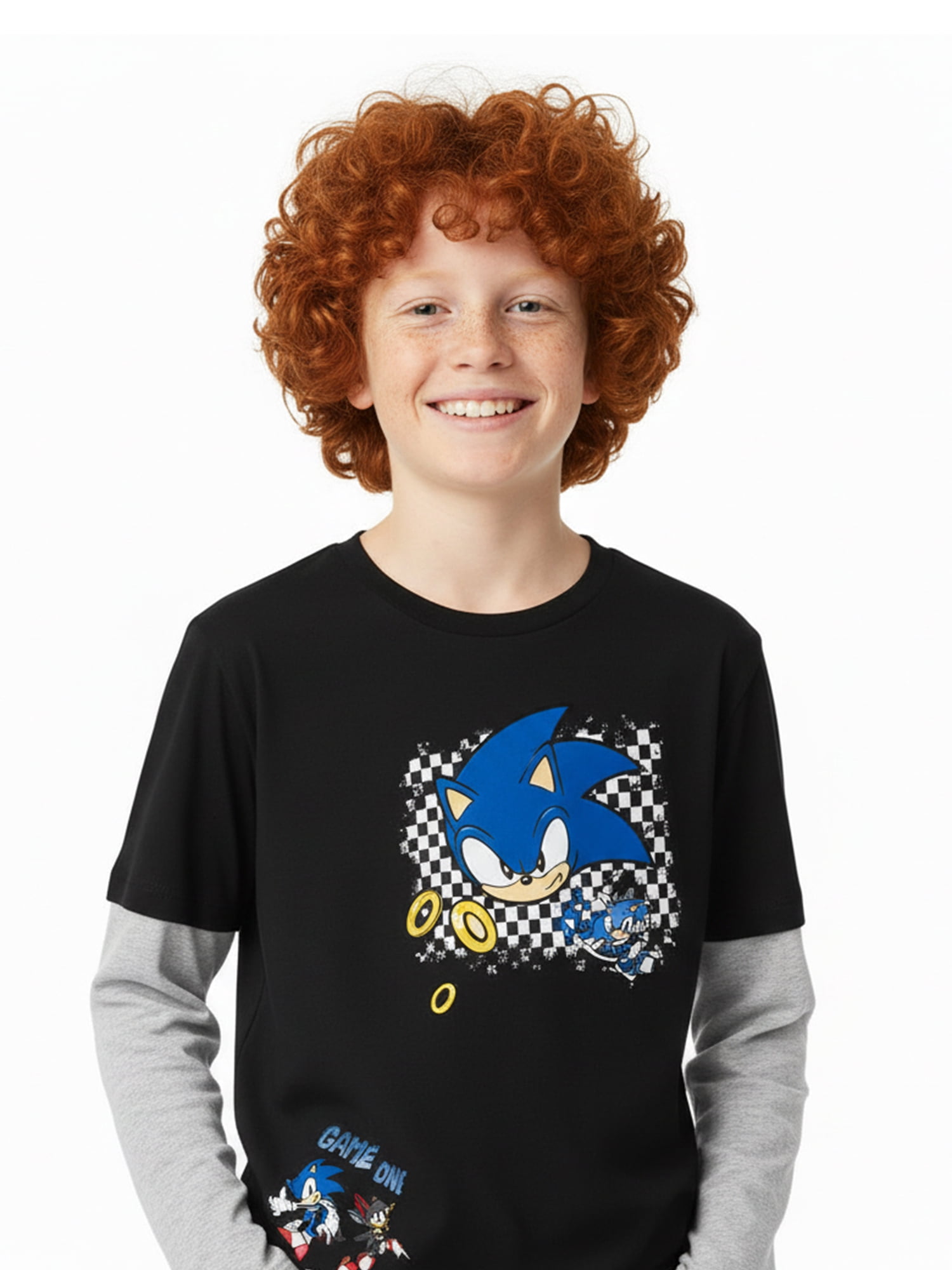 Sonic the Hedgehog, Boys' Graphic Waffle Knit Long Sleeve 2Fer, Sizes 4-18