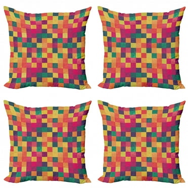 Abstract Throw Pillow Cushion Case Pack of 4, Vintage Geometric Style Pattern with Colorful Grunge Design Squares Graphic, Modern Accent Double-Sided Print, 4 Sizes, Multicolour, by Ambesonne