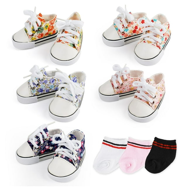 Set de zapatos para muñecas BABESIDE de lona floral de 18 pulgadas con calcetines