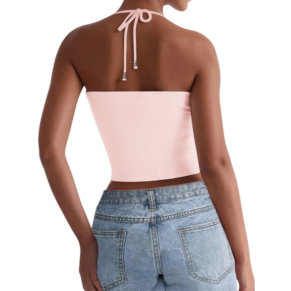Women'S Halter Backless Double Lined Tank Top Y2k Trendy Camisole Crop Tops Cherry Pink XL
