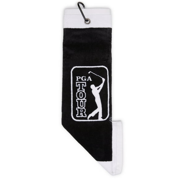 PGA TOUR Classic Cotton Tri-Fold Golf Towel - Black w/ Carabiner Clip, Highly Absorbent