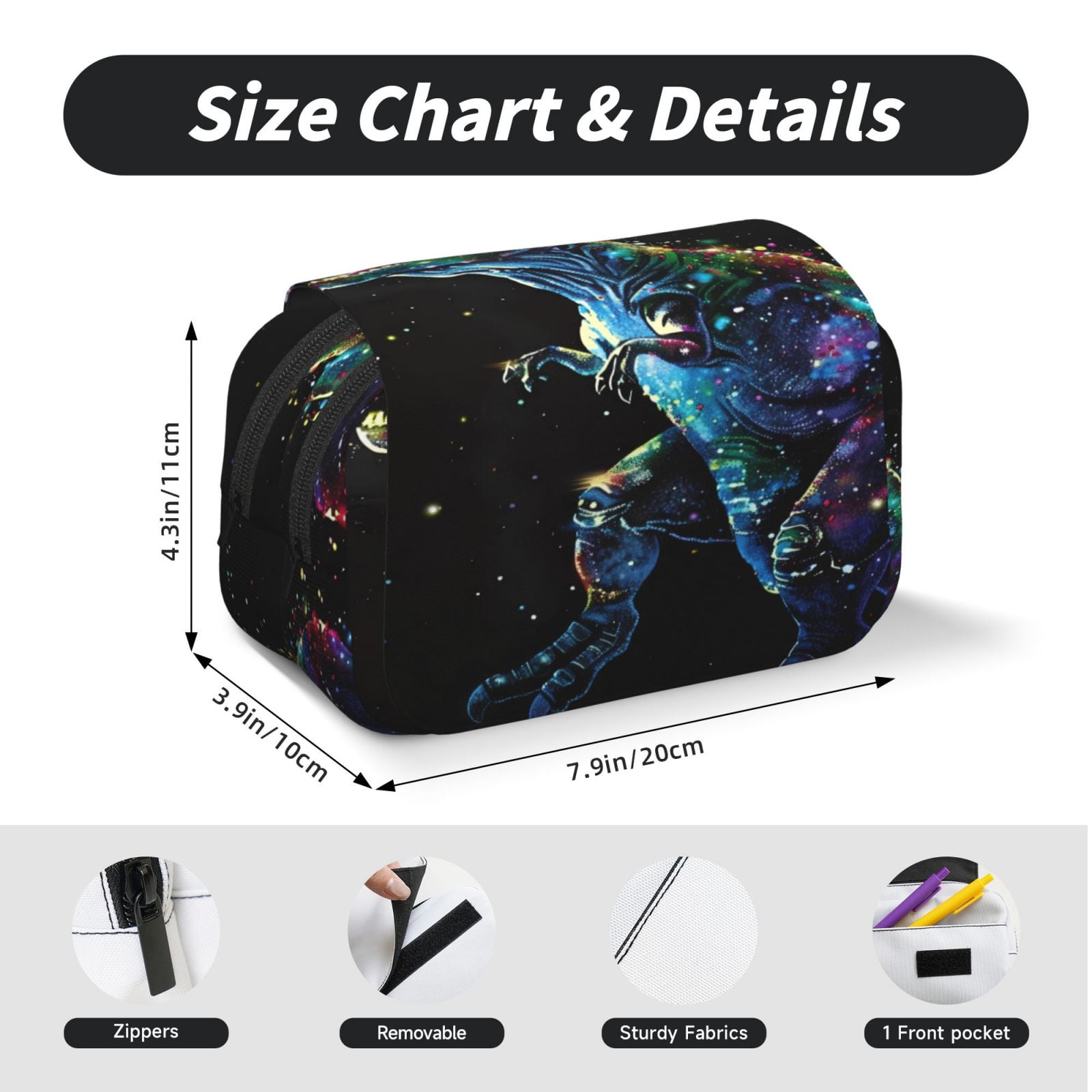 Rateoe colorful flames dinosaur Pattern Double Clamshell Pen Case, Storage Organizer with Two Zipper Compartments– Holds Up to 50 Pencils & Pens