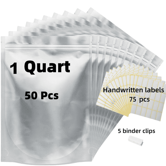 50Pack 1 Quart Mylar Bags, Heavy Duty Stand Up Zipper Pouches for Dry Goods & Supplies with 5 Clips