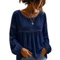 thumbnail image 2 of Women's Solid Color Round Neck Lace Patchwork Blouse, Long Sleeve Hollow Out Casual Shirt, Loose Fit Eyelet Top for Daily Office Holiday Wear 01-Navy XXL, 2 of 5