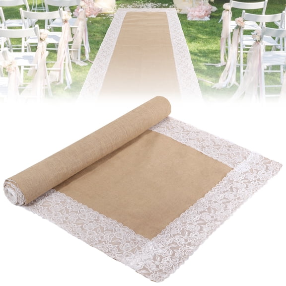 Natural Burlap Aisle Runner with Lace, 35.8 in x 19.7 ft Rustic Wedding & Party Aisle Runner for Outdoor Events, Brown & White Burlap Runner for Farmhouse Decor & Elegant Touches