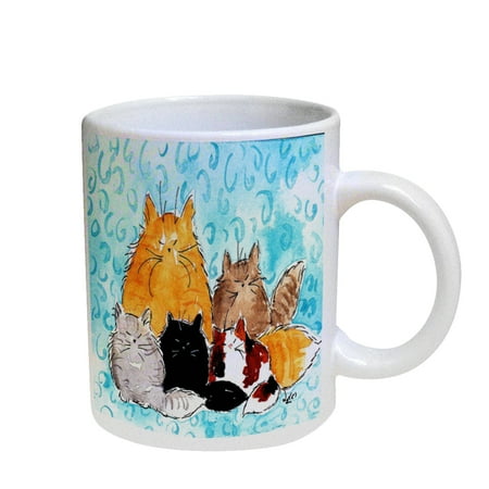

KuzmarK Coffee Cup Mug Pearl Iridescent White - Maine Coon Kitty Family Mama and Four Kittens Abstract Cat Art by Denise Every