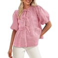 thumbnail image 1 of Blusa PRETTYGARDEN para mujer con lazo en la parte delantera a rayas rojas, talla L, 1 of 9