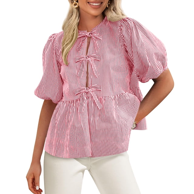 Blusa PRETTYGARDEN para mujer con lazo en la parte delantera a rayas rojas, talla L