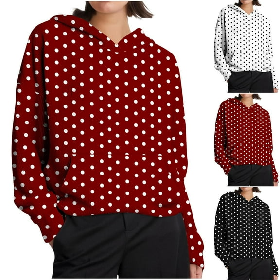 Ashirexll Winter Tops Womens Long Sleeve Tops Casual Zip Up Hoodie Womens Hoodies Pullover Polka Dots Warm Wool Drawstring Hooded Sweatshirt With Pockets