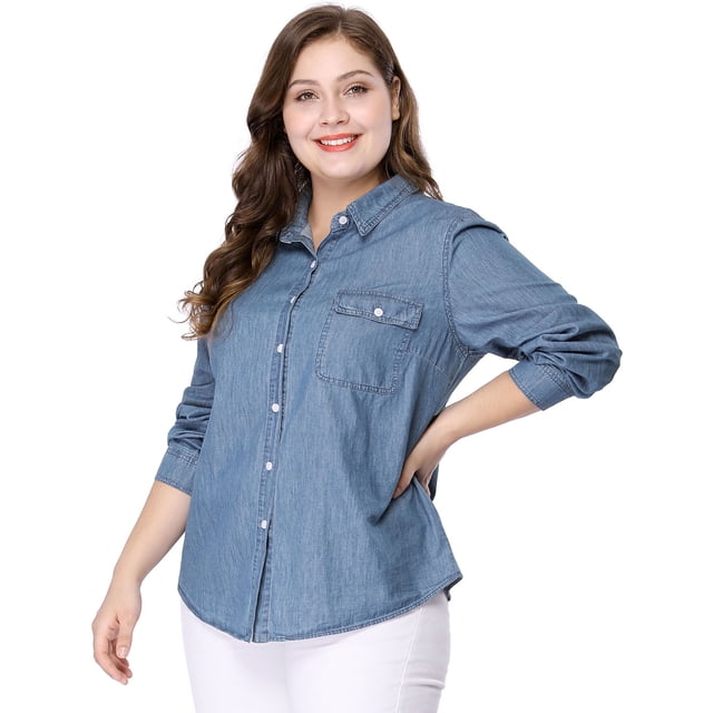 CamiDe Cambray ManLarCon Bolsillo En El Pecho TalGrande PaMujer Azul 5XL