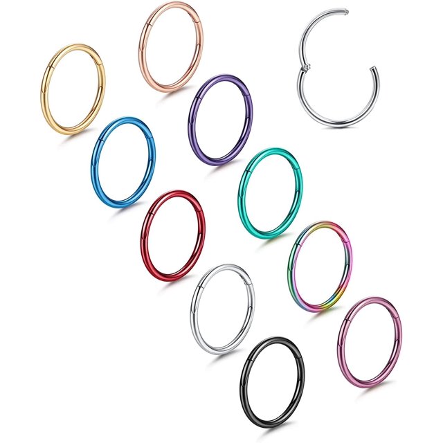 10PCS Septum Nose Rings Hoops for Women Men - 16G 18G 316L Surgical Stainless Steel Hinged Clicker Lip Helix Rook Tragus Daith Conch Piercing Jewelry Cartilage Sleeper Earrings Set 8/10/12MM