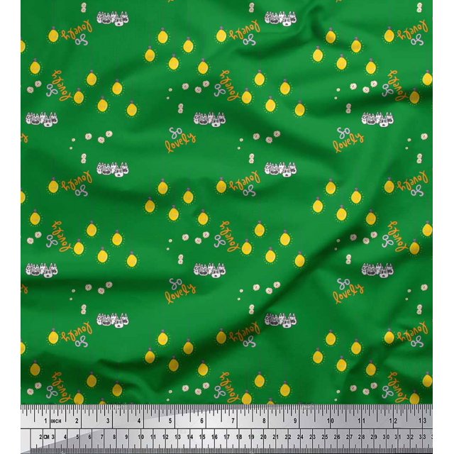 Soimoi Green polyester Crepe Fabric Text & Bulb Home Decor Print Sewing Fabric Yard 52 Inch Wide