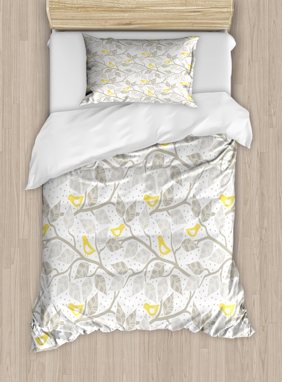 Grey and Yellow Duvet Cover Set Twin Size, Abstract Tree Branches with