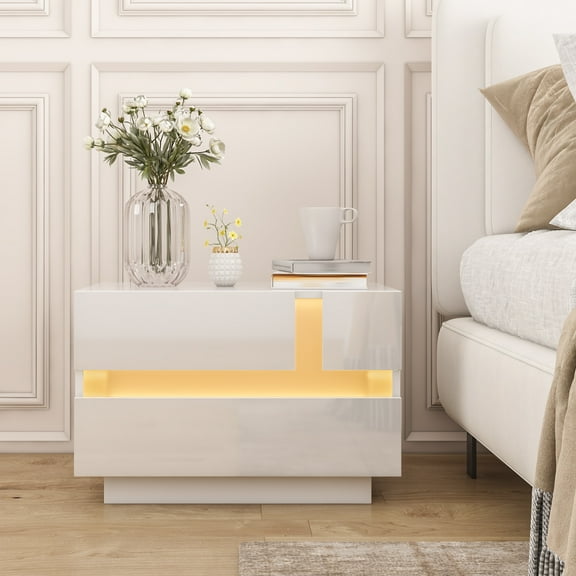 Hommpa LED Nightstand Modern Bedside Table with 2 Drawers White Wood Led Night Stand Table for Bedroom