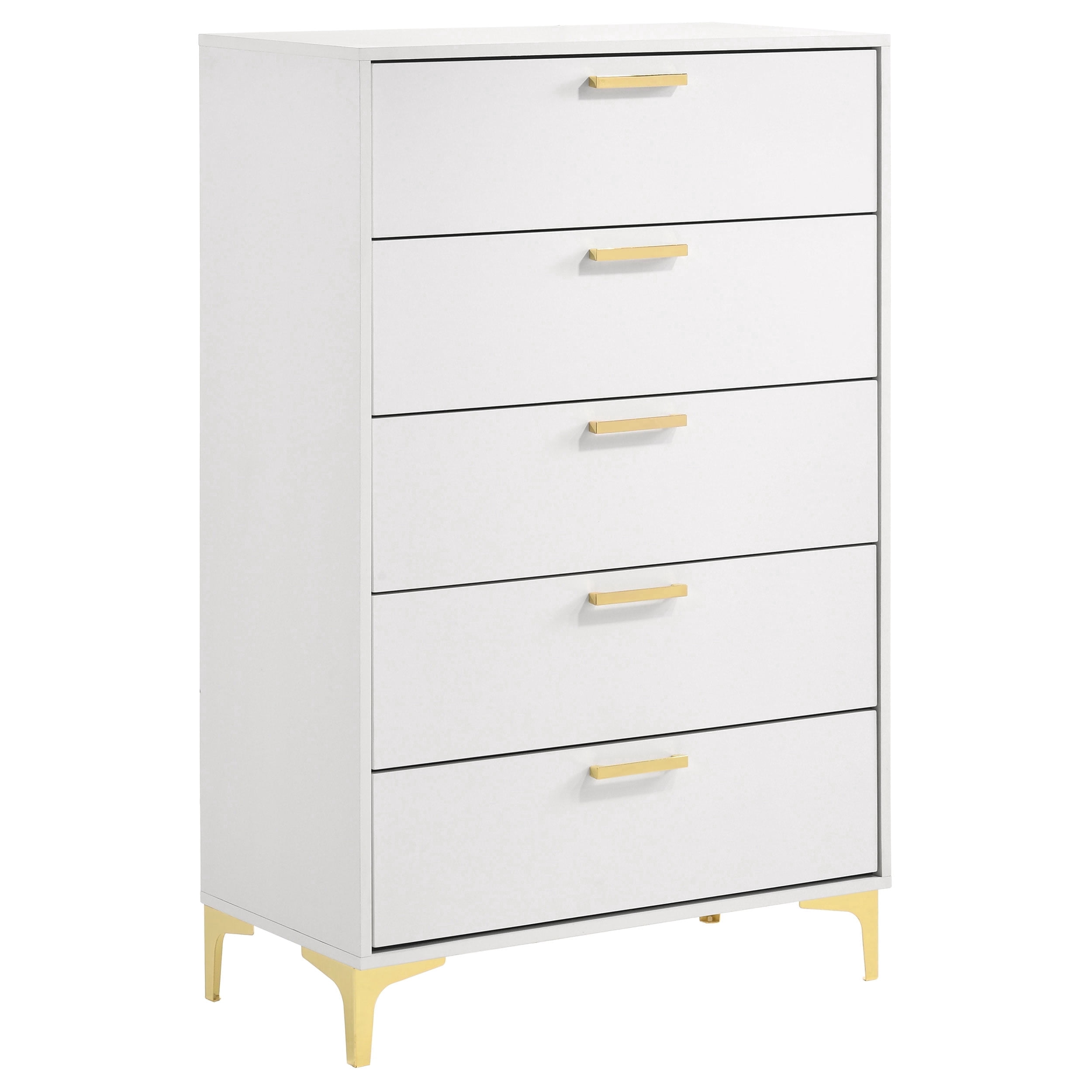 Benjara Lif 50 Inch Modern 5 Drawer Tall Dresser Chest, Gold Accents, Smooth White