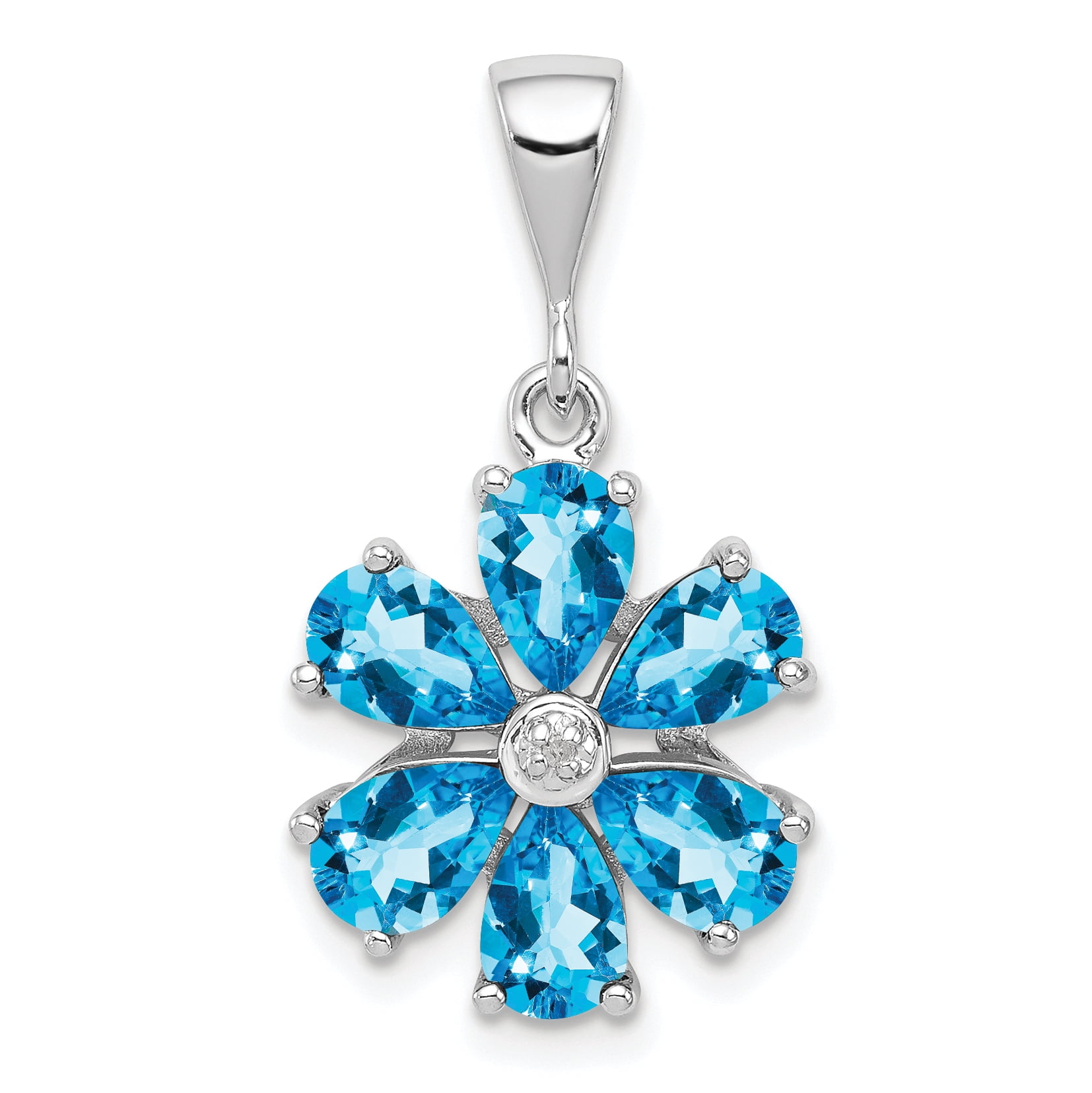 925 Sterling Silver Swiss Blue Topaz Diamond Flower Pendant Charm