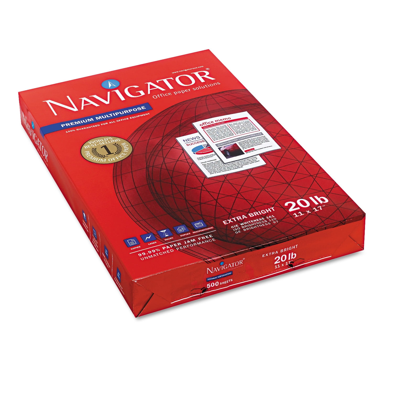 Navigator Copy/Laser/Inkjet Paper, 97 Brightness, 20 lb, 11 x 17 Inches, White, 2500 Sheets per Carton (NMP1720)