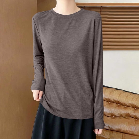 Htigea Womens Long Sleeve Tops Casual Crew Neck T Shirts Fall Thin Breathable Tees Solid Color Loose Casual Shirt 2026 Clothes Gray L