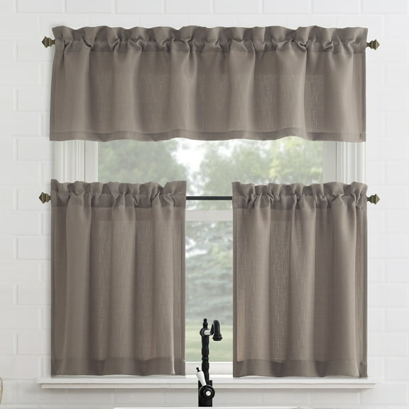 Mainstays 3-Piece Textured Semi Sheer Rod Pocket Kitchen Window Tier Pair and Valance, 2 Café Curtains and 1 Curtain Valance, Beige, 56"W x 36"L