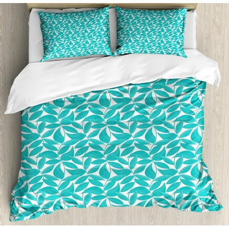 Turquoise Duvet Cover Set Foliage Pattern With Exotic Leaves