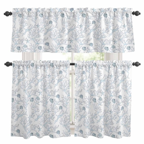 Blue Coral Coastal Kitchen Curtains Sets for Windows 24 Inch Length, Vintage Starfish Conch Nautical Rod Pocket Window Treatments Tier Curtains and Valances Set for Bedroom/Bathroom