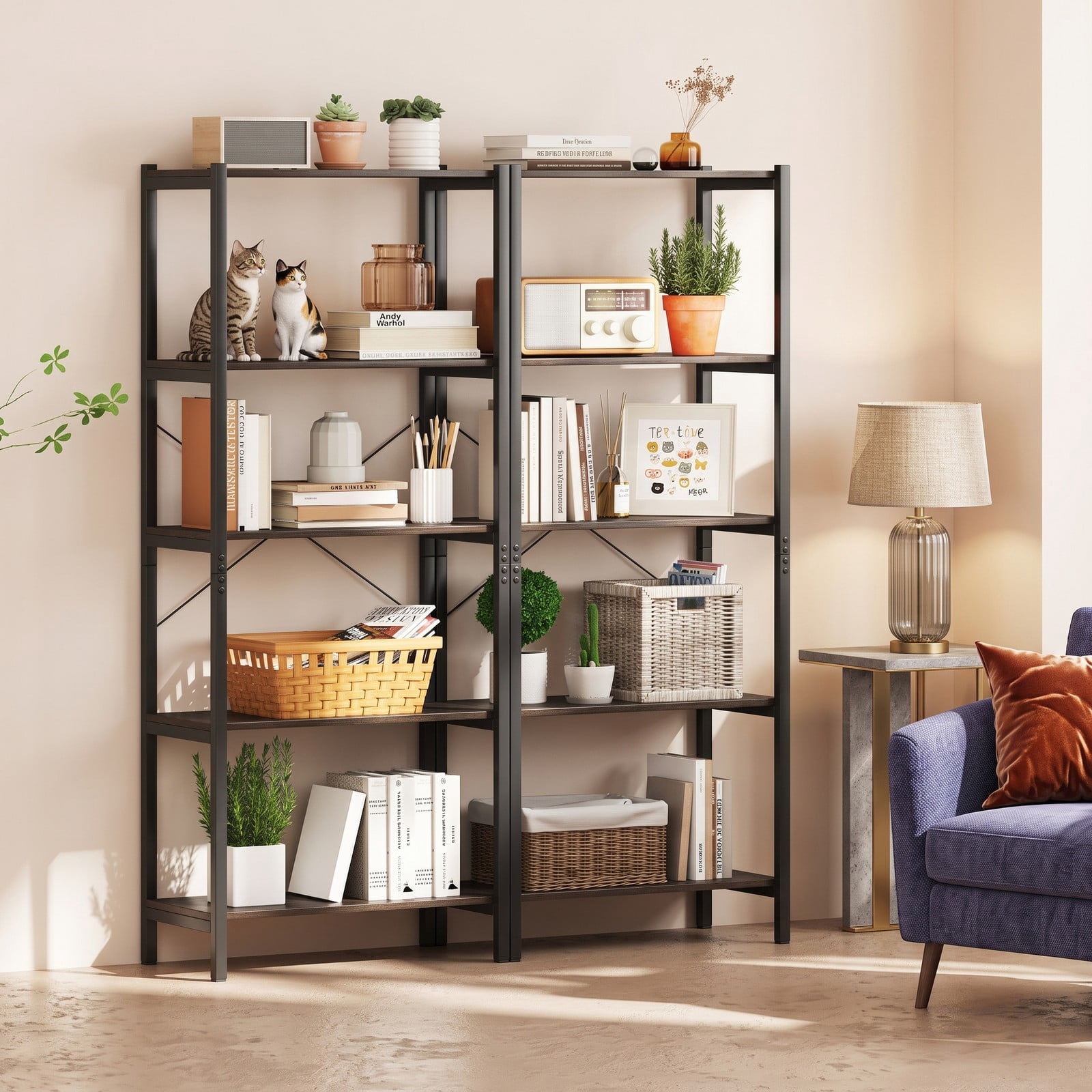 Furnibear 5-Tier Bookshelf Industrial Display Storage Rack Freestanding Open Bookcase with Sturdy Metal Frame for Home Office Living Room, Gray