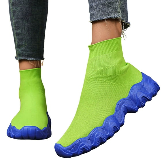 Womens Mens High Top Fashion Sneakers Slip on Socks Shoes Casual Comfortable Knitted Chunky Walking Shoes