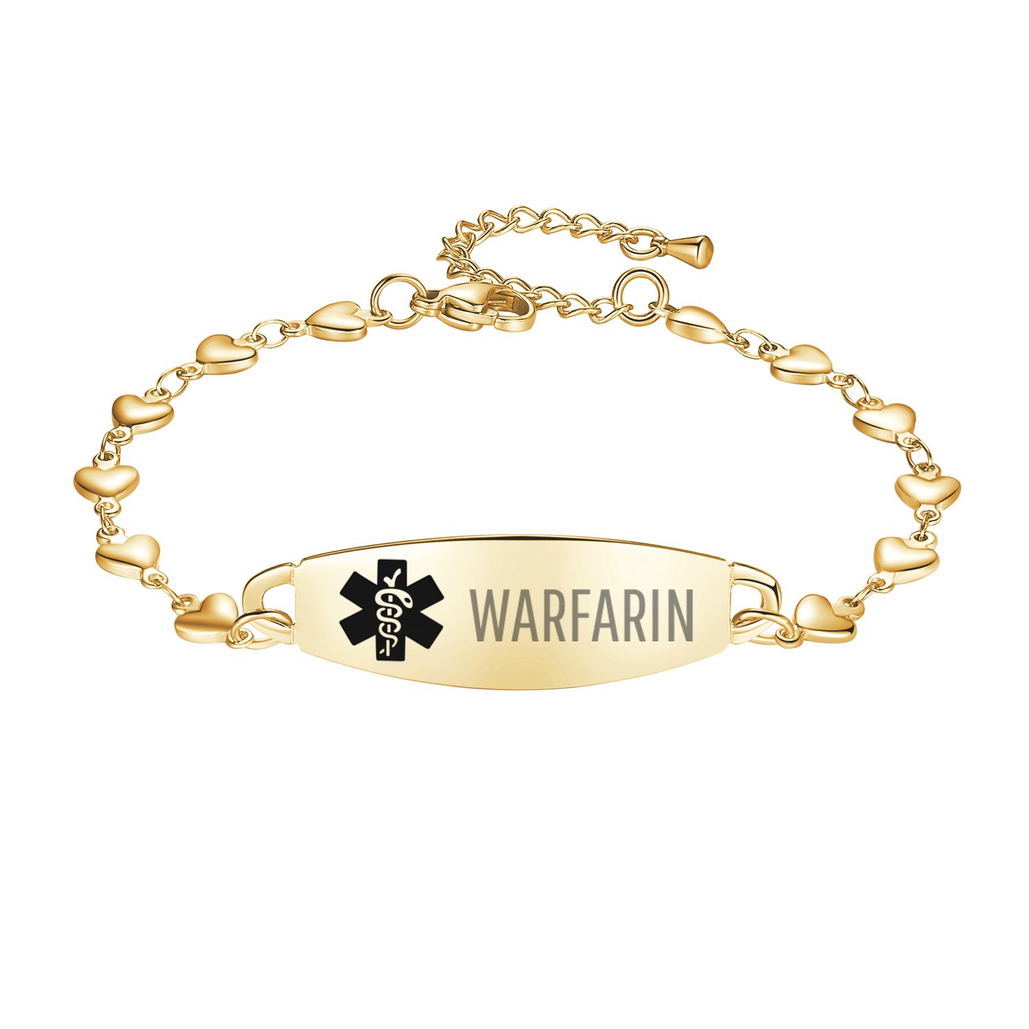 Linnalove Fashion Gold Heart Medical Alert Bracelets for Women Warfarin bracelets 7-8.5 in Adjustable