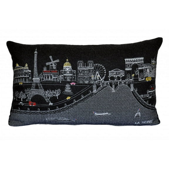 24" Black and White Paris Nighttime Skyline Standard Lumbar Decorative Pillow