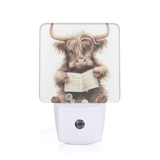 Fotbe Relaxed Cute Cow Reading Luz Nocturna LED, Luz de Noche con Sensor de Luz Natural de Anochecer a Amanecer, Se Enchufa a la Pared, Blanco Cálido 0.5W-US