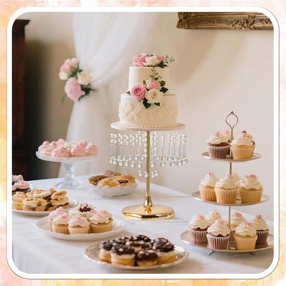 Round  Cake Stand - Metal Display Stand with  Pendants for Wedding, Birthday Party Dessert Table Decor - Anniversary Celebration Cake Base Tray (Gold, 2 Pcs-12×15.5")