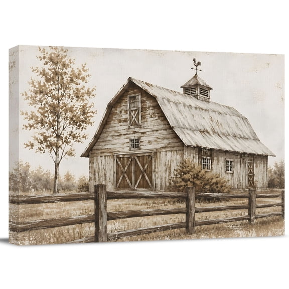Vintage Farmhouse Canvas Print Wall Art, Rural Landscape Wooden Barn Rustic Roof Wall Decor Modern Artwork Paintings Pictures for Living Room Stretched and Framed Ready to Hang - 12" x 16"