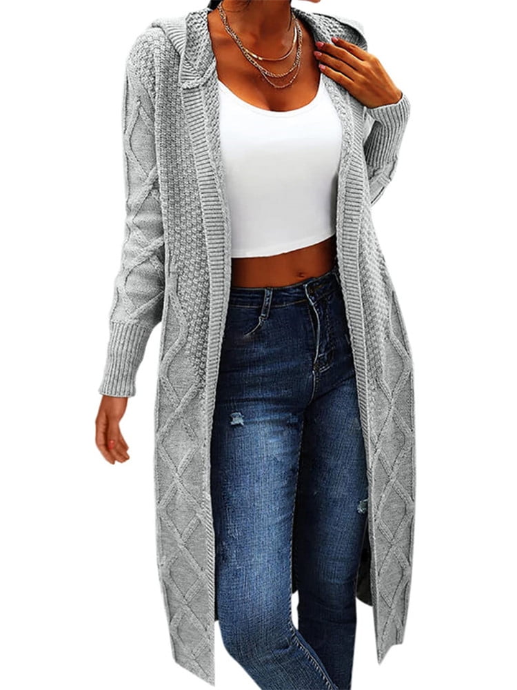 Langwyqu Open Front Long Hooded Cardigan Cable Knit Sweater Coat ...